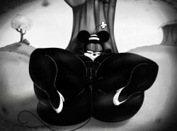 anthro belly big_butt black_and_white breasts butt clothing disney female flower footwear genitals grass half-closed_eyes hat headgear headwear hi_res high_heels hill huge_butt looking_away lying mammal minnie_mouse monochrome mouse murid murine narrowed_eyes nude on_back plant rabbit5gamer rodent shoes solo tail thick_thighs tree vulva