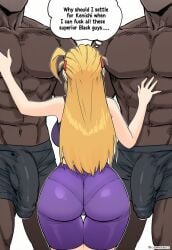 1girl 2boys ai_generated big_ass big_penis blonde_hair bulge coomersucc dark-skinned_male dark_skin english_text female history's_strongest_disciple_kenichi interracial large_breasts male miu_furinji text