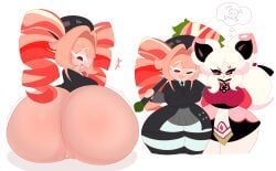 1girls 2girls ass ass_focus bacon_roll_cookie big_ass bottomless breasts bubble_butt clothed cookie_run cookie_run_ovensmash duo fangs female female_only huge_ass looking_at_viewer looking_back pigtails presenting presenting_hindquarters pussy red_eyes smile smug somberflyblown standing teasing thick_thighs white_peach_cookie