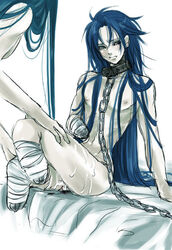 2boys amputee bandage bed blood blue_hair blush bondage chains collar cum gemini_kanon gemini_saga guro long_hair male nude saint_seiya shiraishi_asuka very_long_hair yaoi