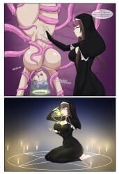 2girls agents_of_dawn amaredeimus angela_white_(agents_of_dawn) breasts clothed_female_nude_female dialogue english_text glasses imminent_death nun peril soul tentacles upside-down virgo_black