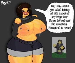 blood_debt blushing dark_hair exposed_breasts eyeshadow female female_focus female_only huge_breasts huge_nipples looking_at_viewer moraxii nipple_piercing nipples reference_image roblox roblox_game robloxian short_hair shorts sweat sweatdrop sweaty_body talking_to_viewer thick_ass thick_thighs