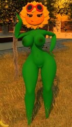 3d 3d_(artwork) areola areolae backyard big_breasts blender boobs day evening female_focus female_only flower furry goggles goggles_on_forehead goggles_on_head grass green_body happy happy_female looking_at_viewer muffintop20 naked outdoors outside plant plant_girl plants_vs_zombies pussy self_upload sky smile solar_flare_(pvz) solo solo_female tree watermark
