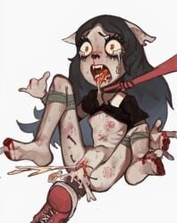 abuse anal anal_object_insertion bdsm bite_mark bleeding blood bondage bound breasts cigarette claire_d'lune clothes_lift crying guro long_hair missing_finger mossacannibalis nipples object_insertion red_eyes ryona stapled strangling the_summoning torture