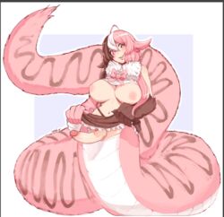 1futa ahoge animal_ears bow breasts brown_eyes frills futa_only futanari heterochromia intersex inverted_nipples lamia large_breasts long_hair looking_at_viewer monster_girl multicolored_hair naga nipples original penis pink_eyes simple_background skirt skirt_lift smile solo sucaciic tail white_background