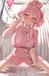 1boy 1girls big_breasts blue_archive blush breasts enoha female halo looking_at_viewer male pink_eyes pink_hair pov serina_(blue_archive) sitting_on_person trinity_general_school_student