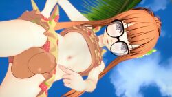 1girl 3d absurdres bikini bulge commentary flaccid flaccid_penis food_print fruit_print full-package_futanari futanari glasses highres orange_hair penis persona persona_5 sakura_futaba solo strawberry_print sunimo swimsuit testicles