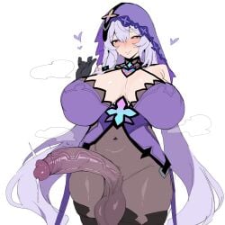 1girl absurdres black_gloves black_swan_(honkai:_star_rail) bodystocking breasts closed_mouth commentary cowboy_shot erection futanari gloves heart highres honkai:_star_rail honkai_(series) huge_breasts long_hair penis precum purple_hair purple_veil simple_background smile solo testicles uncensored veil veins veiny_penis very_long_hair white_background xipa