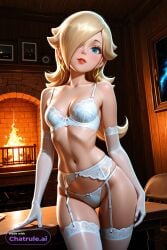 1girl 2d 4k 8k ai_assisted ai_generated alluring anime_style aqua_eyes athletic attractive bare_midriff beautiful bedroom_setting big_booty blonde_hair blush breasts cinematic_lighting cleavage close_up collarbone confident dark dark_lighting defined_jawline depth_of_field detailed_background detailed_face detailed_skin digital_illustration dim_lighting elegant erotic eye_makeup eyelashes eyeliner mario rosalina