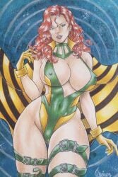 1girls big_breasts breasts cleavage female huge_breasts marvel nipples_visible_through_clothing oliver_lee red_hair siryn solo traditional_media_(artwork) x-men