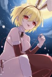 1girl :p alternate_costume animal_ears antenna_hair arcueid_brunestud bikini birthday blonde_hair breasts cleavage cloud collar commentary_request detached_collar detached_sleeves fake_animal_ears fur-trimmed_sleeves fur-trimmed_thighhighs fur_trim hair_between_eyes hairband highres holding_strap medium_breasts moon night rabbit_ears red_bikini red_eyes red_hairband red_ribbon red_sleeves red_thighhighs ribbon short_hair single_hair_intake snowing solo squatting sudou_(s7_d8) tsukihime tsukihime_(remake)