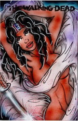 1girls 2016 big_breasts black_hair breasts female female_only large_breasts michonne_grimes nude solo sword tagme_(artist) the_walking_dead traditional_media_(artwork) wide_hips