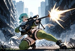 1girl ai_assisted ai_generated anti-materiel_rifle aqua_eyes aqua_hair blue_eyes blue_hair breasts building cloud curvaceous curvy curvy_female curvy_figure explosion female fingerless_gloves gloves green_legwear gun hair_ornament hairclip holding holding_gun holding_weapon jacket leotard miyuai open_mouth rifle scarf shiny shiny_hair shiny_skin short_hair short_hair_with_long_locks short_shorts shorts sinon sniper_rifle solo squatting sword_art_online teeth thick thick_ass thick_butt thick_hips thick_legs thick_thighs voluptuous voluptuous_female weapon wide_hips wide_thighs