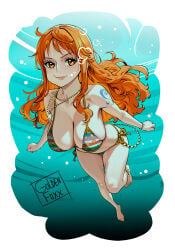 1girls bikini cleavage goldenfoxx huge_breasts long_hair looking_at_viewer nami_(one_piece) necklace one_piece orange_eyes orange_hair swimming tattoo underwater voluptuous