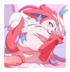 absurd_res after_sex balls bestiality bodily_fluids butt cum cum_in_vagina cum_inside duo eeveelution female female_focus feral feral_focus fur generation_6_pokemon genital_fluids genitals hi_res human human_on_feral humanoid_genitalia humanoid_penis interspecies kekitopu lying male mammal nintendo on_side penis pink_body pokemon pokemon_(species) pupils quadruped sex smile solo_focus sylveon tail vulva