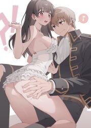 1boy 1girls ass ass_grab black_hair brown_hair embarrassed female frills fully_clothed gintama kneeling lingerie long_hair looking_at_another looking_back male medium_breasts okita_sougo original_character pale-skinned_female pale_skin police_officer police_uniform red_eyes shinsengumi_(gintama) shy sideboob slim_waist smile sweatdrop thigh_grab thin_waist