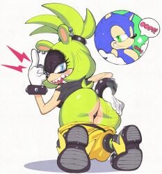 1boy 1girls afrosoricid angry ass ass_focus baggy_pants big_ass black_panties blue_eyes blue_fur blushing bootprint commission ear_piercing earrings embarrassed footprint_on_body green_eyes green_fur grin hand_on_ass idw_publishing inkuusan middle_finger panties pants_down ponytail sharp_teeth shoe_print shrugging smug smug_face smug_grin sonic_(series) sonic_the_hedgehog sonic_the_hedgehog_(comics) sonic_the_hedgehog_(idw) sonic_the_hedgehog_(series) surge_the_tenrec sweat sweatdrop tomboy white_background