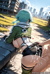 1boy 1girl ai_assisted ai_generated aqua_hair ass ass_grab bent_over blue_hair breasts breasts_outside clothed_female_nude_male clothed_sex cropped_jacket cum cum_on_ass curvaceous curvy curvy_female curvy_figure day doggystyle female from_behind gloves hetero large_breasts miyuai nipples outdoors sex sex_from_behind shiny shiny_hair shiny_skin short_hair shorts sinon solo_focus standing sword_art_online thick thick_ass thick_butt thick_hips thick_legs thick_thighs vaginal voluptuous voluptuous_female wide_hips wide_thighs