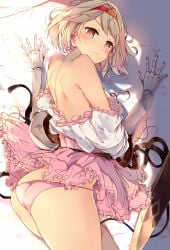 1girls ass ass_focus blonde blonde-haired_female blonde_female blonde_hair breasts brown_eyes djeeta_(fighter) djeeta_(granblue_fantasy) female granblue_fantasy kyuu_(plastic_night_q) looking_back lying lying_on_bed lying_on_side medium_breasts panties pantyshot pantyshot_(lying) pink_panties pink_underwear short_hair underwear upskirt