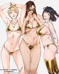 2d arms_up belly_button bikini blonde_female blonde_hair breasts_squeezed_together child_bearing_hips fit_female golden_bikini large_breasts long_hair medium_breasts midriff oc original original_character original_characters pixie_cut posing posing_for_the_viewer short_hair sideboob slim_waist small_breasts smaller_female tagme taller_female two-tone_hair underboob voluptuous_female white_background wide_hips yukimpoi