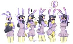 anthro black_hair blush blush_lines breast_growth breasts clothing dress ear_blush female gender_transformation genitals glitch_productions gooseworx's_post-transition_jax_design growth hair hands_behind_head hi_res jax_(tadc) lagomorph leggings legwear leporid male mammal mtf_transformation multi_frame_sequence nugget_witch penis rabbit sequence simple_background six_frame_image six_frame_sequence solo the_amazing_digital_circus trans_(lore) trans_woman_(lore) transformation transformation_sequence wig