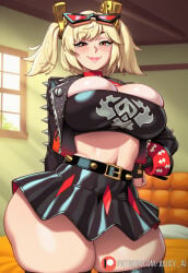 1girls ai_generated big_breasts blonde_hair blush blush_lines blushing breasts burnice_white female glasses glasses_on_head hair juuicyai light-skinned_female light_skin orange_eyes short_hair short_skirt skirt smile smiling solo solo_female sunglasses sunglasses_on_head thick_thighs thighhighs thighs zenless_zone_zero