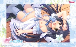 black_hair bow_panties breasts breasts_out flower flower_in_hair highres kazama_minto laying_on_back long_hair lying nipples no_bra open_shirt pan_(mimi) panties_pull pantsu panty_pull ribbon_panties sailor_uniform sakura_no_reply school_uniform seifuku shimapan small_breasts straight_hair striped_panties thighhighs