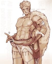 1boy absurdres armlet bar_censor censored commentary_request earrings erection facial_mark forehead_mark gold_armlet highres inukura jewelry looking_at_viewer male_focus monochrome nipples original pectorals penis short_hair simple_background solo tongue tongue_out topless_male