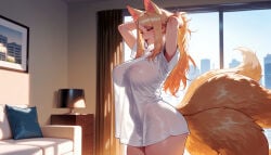 1girl 1girls adjusting_hair ahri ahri_(league_of_legends) ai_generated animal_ear_fluff animal_ears animal_tail armpit_peek arms_behind_head arms_up balecxi bed bedroom blonde_hair blue_sky breasts closed_eyes clothing couch covered_navel covered_nipples cowboy_shot curtains curvaceous curvaceous_female curvaceous_figure curvy curvy_figure day drawer drawing_(object) extra_ears eyeshadow facial_mark female female_focus fox_ears fox_girl fox_tail from_side hair_tie_in_mouth hands_in_hair huge_breasts indoors inviting inviting_to_sex kitsune kyuubi lamp large_breasts league_of_legends long_hair makeup morning mouth_hold multiple_tails naked_shirt no_bra on_bed perky_breasts picture_frame pillow presenting presenting_ass presenting_breasts presenting_hindquarters presenting_self seductive seductive_look seductive_smile see-through see-through_shirt see-through_silhouette shirt short_sleeves sidelocks sky solo standing sunlight t-shirt tail thighs tying_hair voluptuous voluptuous_female whisker_markings white_shirt window