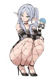 1girls ass big_ass choker earrings elf female female_focus female_only fishnets frieren frieren_beyond_journey's_end green_eyes heels long_hair looking_at_viewer loose_clothes rgsp00n squatting striped_clothing thick_thighs thighs twintails white_hair