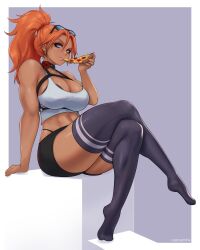 abs biceps big_breasts big_thighs blue_eyes ginger ginger_hair glasses pizza tanned tanned_female tanned_skin thick_thighs thigh_highs thighhighs zugzugmine