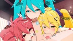 3d 3d_render 3girls akita_neru annoyed blowjob blowjob_face blue_eyes blue_hair breasts breeding_series cronimus drill_hair garbarato hatsune_miku kasane_teto koikatsu koikatsu_(medium) licking licking_balls licking_penis lipstick lipstick_mark lipstick_on_balls lipstick_on_penis looking_at_viewer ponytail red_eyes red_hair sucking sucking_balls sucking_penis talking_to_self triple_fellatio twintails utau vocaloid yellow_eyes yellow_hair