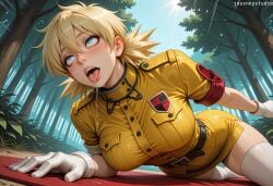 1girl ahegao ai_generated all_fours armband artist_name belt black_belt blanket blonde_hair blue_eyes blue_sky blush breast_pocket breasts buttons clothing day drooling female forest gloves hair_between_eyes hellsing jacket jousneystudio large_breasts looking_at_viewer looking_up low_twintails lying military military_uniform miniskirt nature open_mouth outdoors patreon_username pencil_skirt pocket rolling_eyes saliva seras_victoria sexually_suggestive short_hair short_sleeves short_twintails skirt sky solo sunlight taut_clothes taut_shirt teeth thighhighs thighs tongue tongue_out tree twintails uniform upper_teeth_only white_gloves white_thighhighs yellow_jacket yellow_shirt yellow_skirt zettai_ryouiki