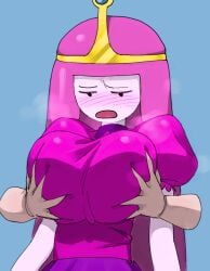 1boy 1girls adventure_time big_breasts blush breast_grab breasts cartoon_network clothed clothing color_edit colored dress female finn_the_human fully_clothed grabbing greyscale groping huge_breasts long_hair monochrome nose_blush princess_bubblegum shelftray standing tagme tight_clothing