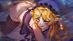 1girl absurdres ai_generated animal_ears ass ass_focus bedroom bird_girl blonde_hair blush bonnet cleavage cozy detailed_background dokibird dokibird_(bounty_hunter) hat heterochromia highres indie_virtual_youtuber indoors large_breasts lingerie long_hair naticai night nude panties pointed_ears smile solo sparkles star_hair_ornament sweat virtual_youtuber vtuber wide_eyes