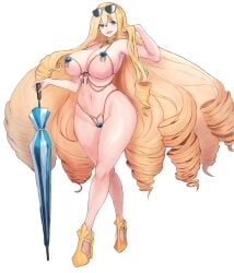 bikini blush charlotte_(last_origin) gigantic_breasts last_origin micro_bikini official_alternate_costume smile thick_thighs umbrella wide_hips