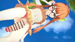 1girl 3d absurdres bikini bulge censor_bar censored flaccid flaccid_penis food_print fruit_print full-package_futanari futa_only futanari glasses highres huge_cock orange_hair penis persona persona_5 sakura_futaba solo strawberry_print sunimo swimsuit testicles