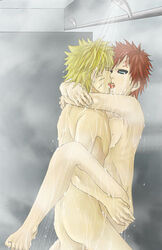 2boys anal blonde_hair blonde_hair_on_red_hair blonde_hair_top domination fumio_(faint) gaara gay human kissing leg_lift light_hair_on_dark_hair lowres male male_only multiple_boys multiple_males naruto nude red_hair red_hair_bottom sex shower standing straight_hair tongue uzumaki_naruto wet yaoi