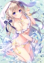 1girl ameto_yuki bikini bikini_bottom bikini_top blonde_hair blush braided_hair breasts cupless_bikini exposed_breasts frilled_bikini frills gloves hair_ornament hair_ribbon highres large_breasts long_hair looking_at_viewer nipples original pareo sea see-through see-through_clothing side-tie_bikini side-tie_bikini_bottom side_braid thigh_strap thighhighs