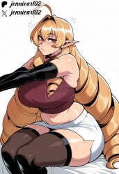 1girl ahoge ai_generated artist_name bare_shoulders belly black_gloves black_thighhighs blonde_hair blush breasts clothing crop_top curvy drill_hair elbow_gloves elf elinalise_dragonroad female gloves hair_intakes jennieart02 large_breasts legwear long_hair long_pointy_ears looking_at_viewer mature_female midriff miniskirt mushoku_tensei navel on_bed patreon patreon_logo patreon_username pencil_skirt plump pointy_ears red_eyes side_slit simple_background sitting skindentation skirt sleeveless solo stretching sweat thick_thighs thighhighs thighs twin_drills twitter twitter_username very_long_hair watermark white_background white_skirt zettai_ryouiki