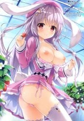 1girl ameto_yuki ass beret blush bra breasts breasts_out clothed exposed_breasts hair_ornament hat highres large_breasts long_hair nipples open_bra open_shirt original panties rabbit_ears rabbit_girl sailor_uniform school_uniform seifuku shirt side-tie_panties small_but_busty strawberry thighhighs underwear white_hair