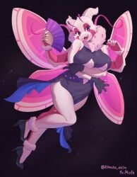 1girls artist_request boob_window bug_girl chinese_clothes crossed_arms extra_arms facial_markings fangs fingerless_gloves full_body handfan heels horns large_breasts monster_girl moth open_mouth pale_skin red_eyes sakuroma_(retrospecter) smile white_skin wings