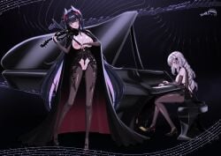 azur_lane black_cape black_hair black_nails breasts butterfly_hair_ornament cape chronopattern_dress dunkerque_(azur_lane) grand_piano grey_hair hair_ornament high_heels highres impossible_clothes impossible_leotard instrument large_breasts leotard long_hair musical_note nipples orange_eyes piano playing_instrument playing_piano ppshex purple_eyes purple_hair pussy pussy_juice red_nails skin_tight strasbourg_(azur_lane) violin