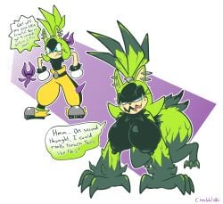 beast blue_eyes chabble claws fangs green_body green_hair sharp_teeth sonic_(series) sonic_the_hedgehog_(series) spiked_collar surge_the_tenrec tagme transformation wisp_(sonic)