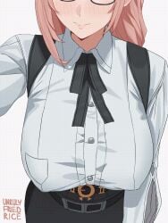 1girls 2d 2d_(artwork) animated big_breasts blush blushing blushing_female bouncing_breasts breasts clothed female gif glasses gloves light-skinned_female light_skin natural_breasts nipple_bulge nipple_outline nipples_visible_through_clothing office_clothing office_lady pale-skinned_female pale-skinned_male pale_skin pink_hair pov straight tsukishiro_yanagi unrulyfriedrice white_shirt zenless_zone_zero