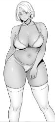 alps1mando big_boobs big_breasts big_thighs black_and_white breasts_bigger_than_head curvy curvy_body curvy_female curvy_figure highres huge_boobs huge_breasts huge_thighs manga manga_style short_hair simple_background solo solo_female solo_focus thick_thighs thigh_highs thighhighs voluptuous voluptuous_body voluptuous_female