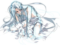 androgynous blue blush color cum cum_in_mouth diabolism final_fantasy final_fantasy_vii green_eyes kneeling long_hair loose_shirt male male_only no_pants sephiroth silver_hair smooth_skin solo toujou_sakana trap very_long_hair