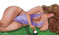 1girls big_breasts big_thighs bracelet brown_hair cameltoe commission commissioner_upload curly_hair dark-skinned_female dress eyes_visible_through_hair florence_jackson grass inner_sideboob long_hair messy_hair necklace original_character outfit panty_straps pinup pokeball pokemon pokemon_oc purple_hair sideboob solo solo_female tanline white_background
