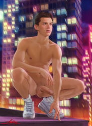 celebrity city city_background erect_penis erection fully_naked fully_nude_male male male_only marvel marvel_cinematic_universe marvel_comics naked naked_male night night_sky nude nude_male peter_parker seductive spider-man spider-man_(series) squat squatting tom_holland zane_nox