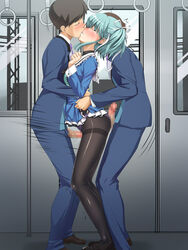 2boys airily_steps aqua_hair blush buttjob censored chikan closed_eyes closed_mouth clothed_sex clothing female fully_clothed grinding hair_ribbon kissing maachin mashiroiro_symphony mosaic_censoring multiple_boys outercourse pantyhose penis rape rubbing sandwiched school_uniform standing tears thigh_sex thighband_pantyhose threesome through_clothes train_interior uryuu_sakuno